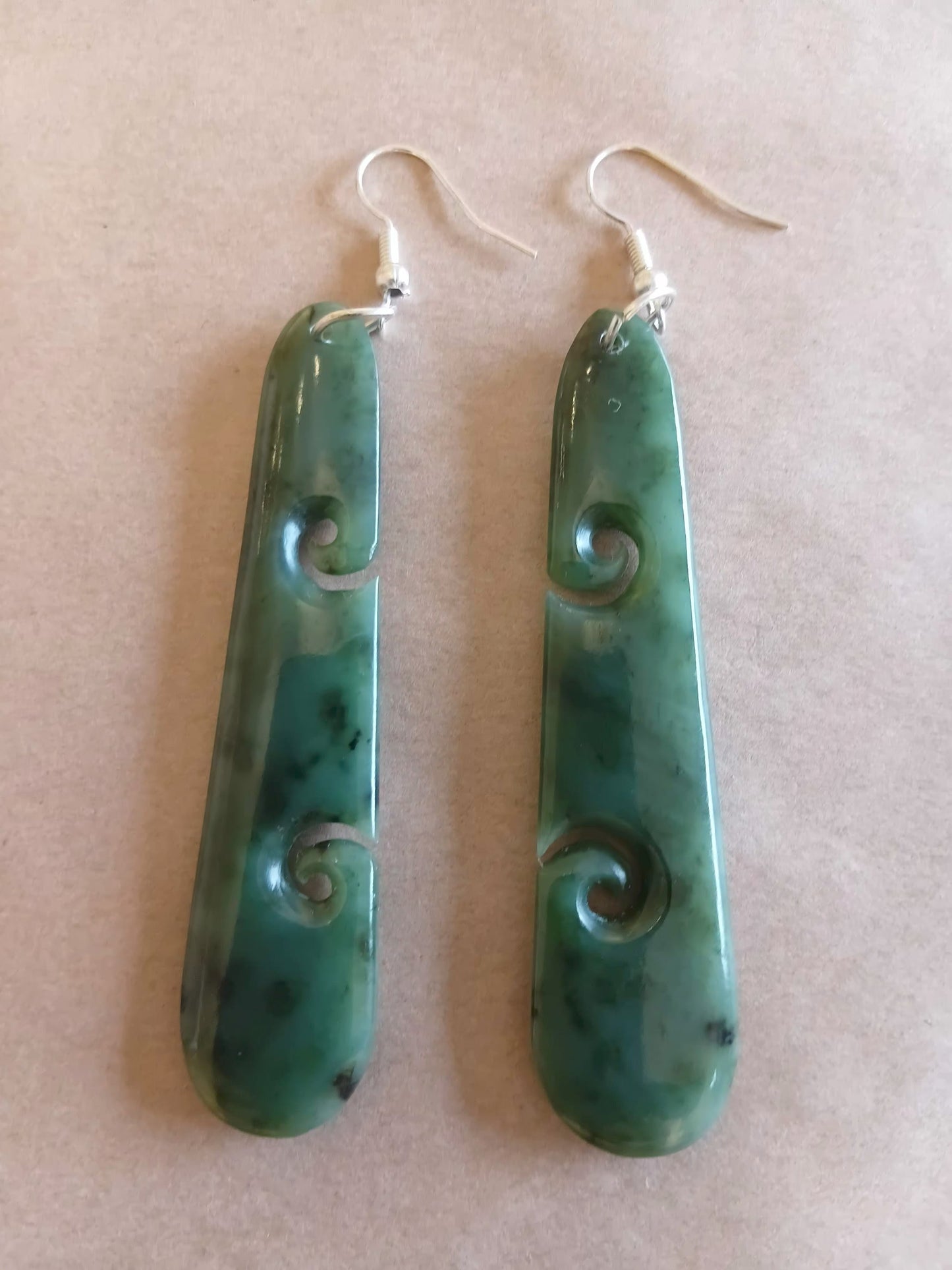 Greenstone Drop Earrings with koru engraved 70 mm