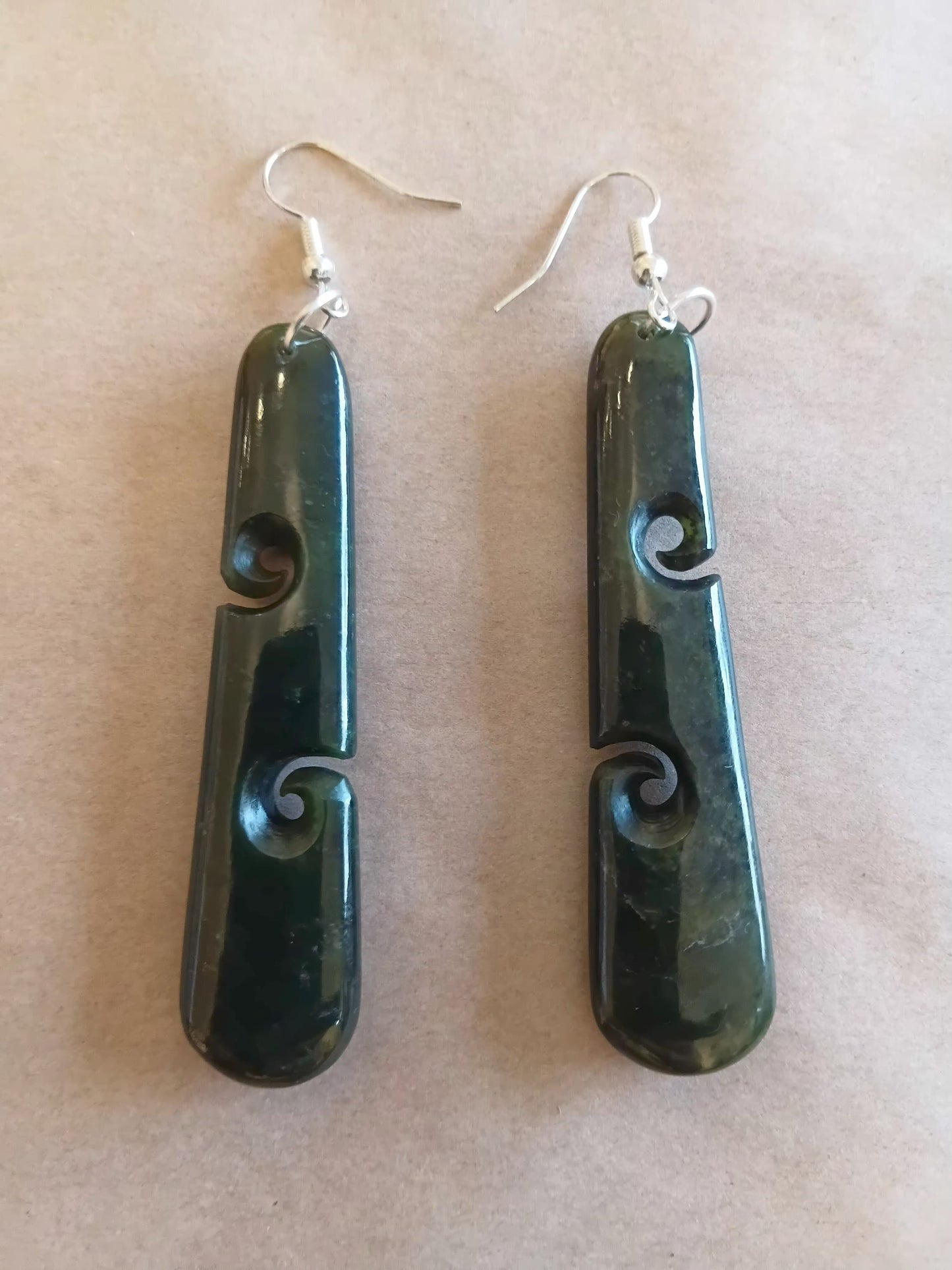 Greenstone Drop Earrings with koru engraved 65cm