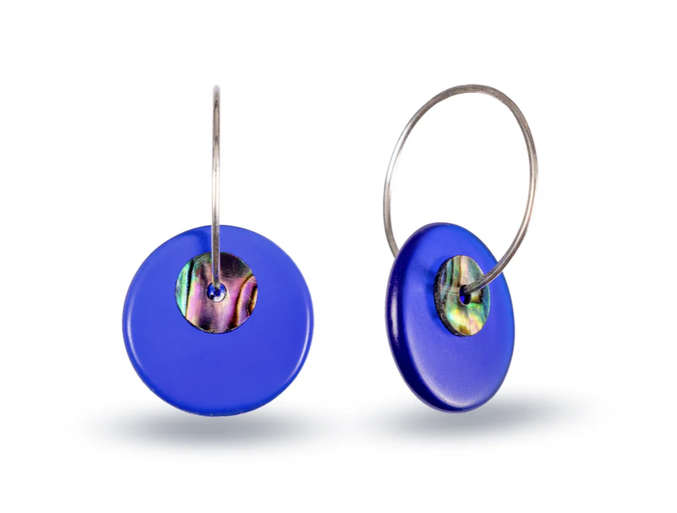 Glass Paua Disc Earrings - Dark Blue