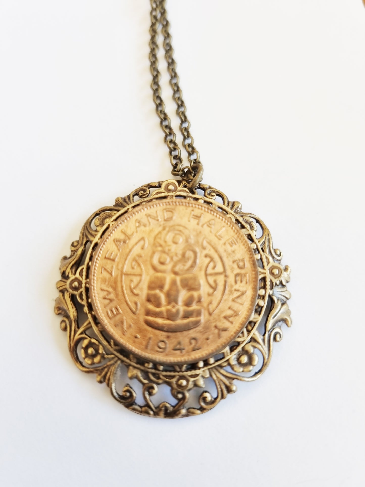 Ornate Layered filigree half penny pendant