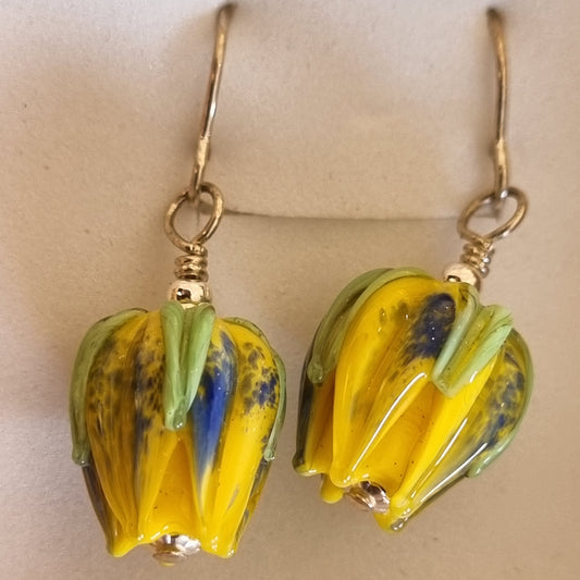 Yellow and Blue flower Drop Earrings
