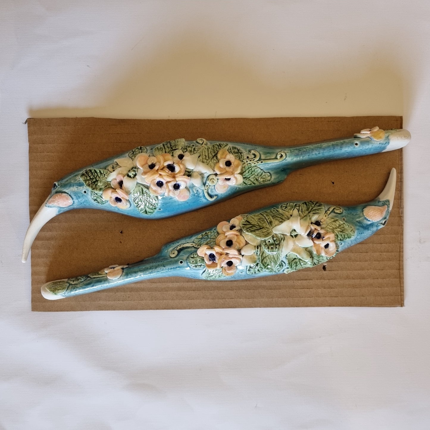 Floral Blue Birds with Crackle Glaze PAIR