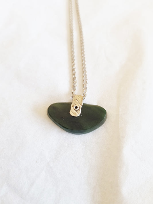 Silver double chain with half moon pounamu
