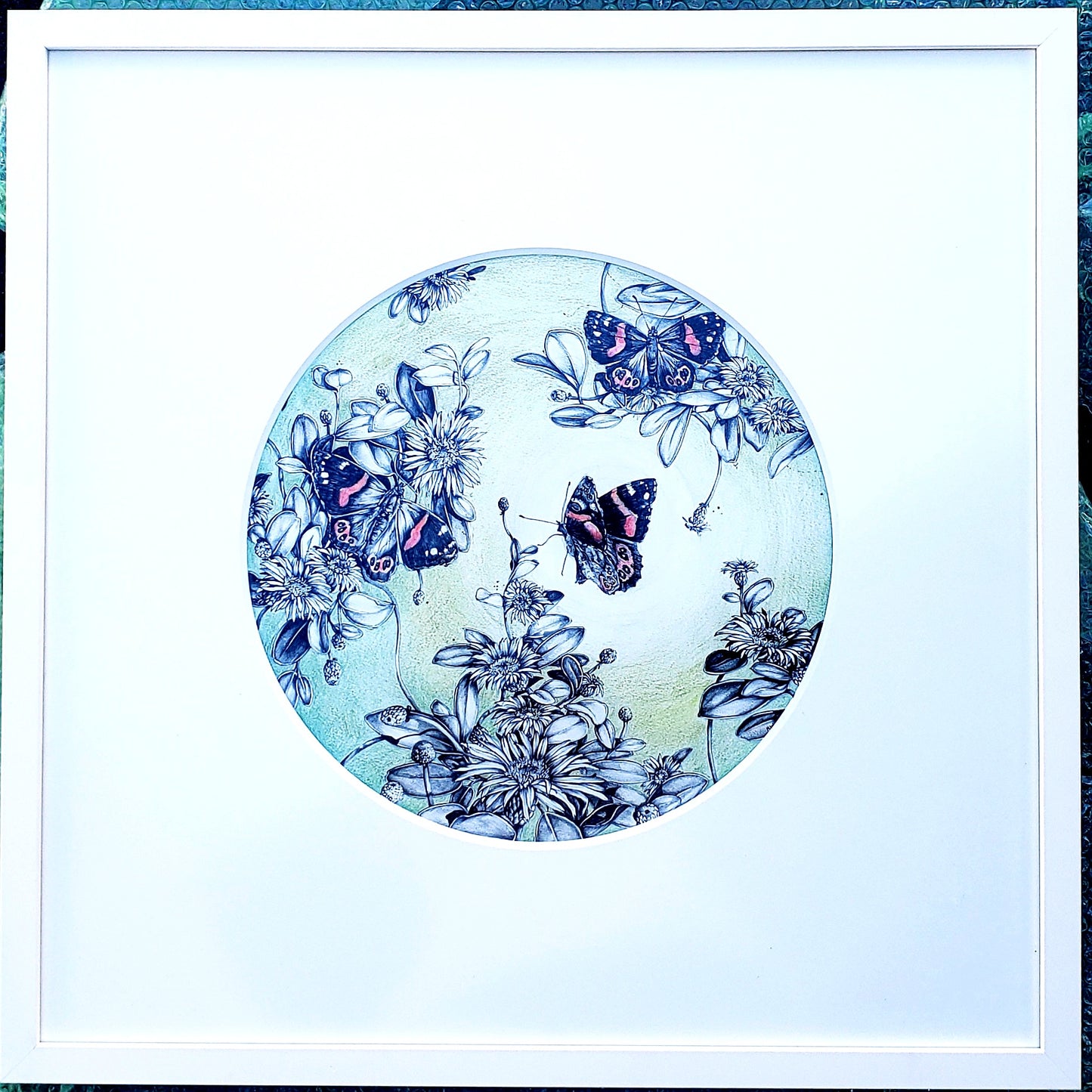 Kahukura Red Admiral Butterflies & Rock Dasies-Framed