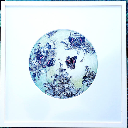 Kahukura Red Admiral Butterflies & Rock Dasies-Framed