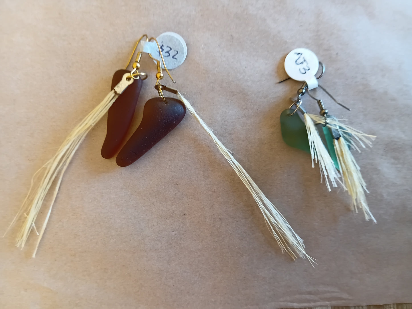 Beach Glass and Muka Flax Earrings
