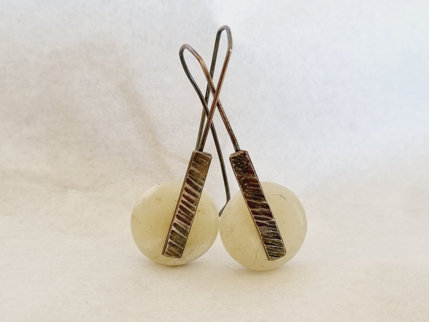 White Siberian Jade with Blackened Silver Strip Earrings