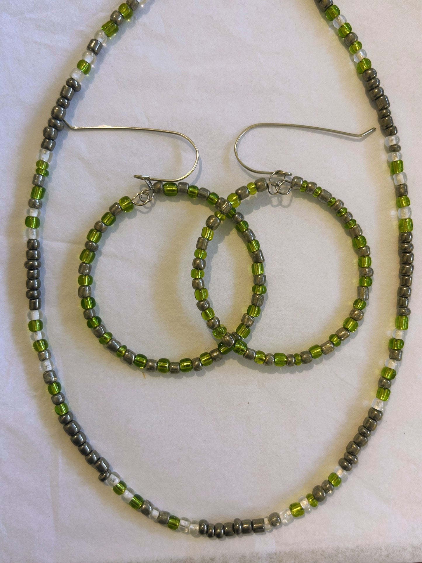 Green/Silver Neacklace, Green Necklace, Slver Necklace, Hoop Earrings Set