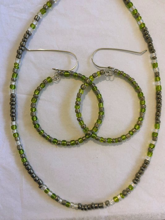 Green/Silver Neacklace, Green Necklace, Slver Necklace, Hoop Earrings Set