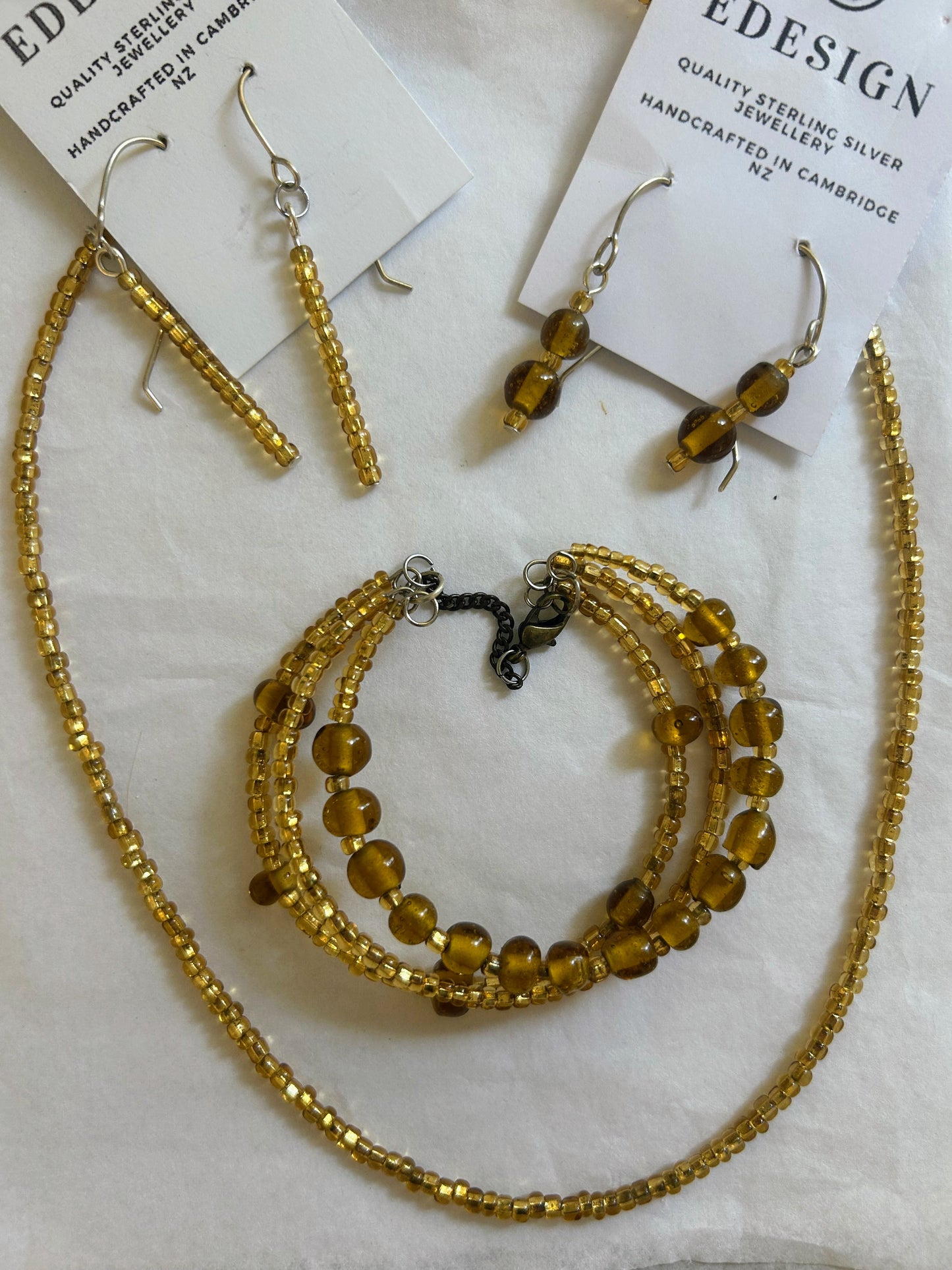 Gold Necklace, 3 Wire Bracelet, Drop Earrings & Bead Earrings Small