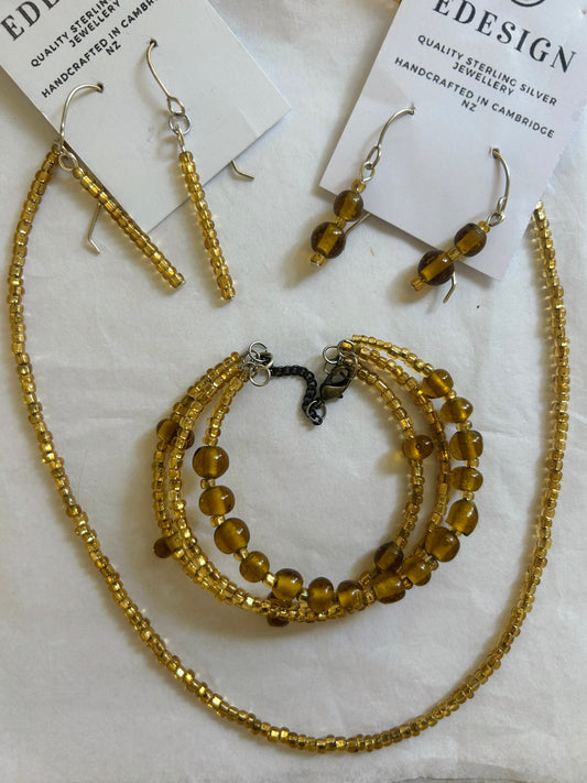 Gold Necklace, 3 Wire Bracelet, Drop Earrings & Bead Earrings Small