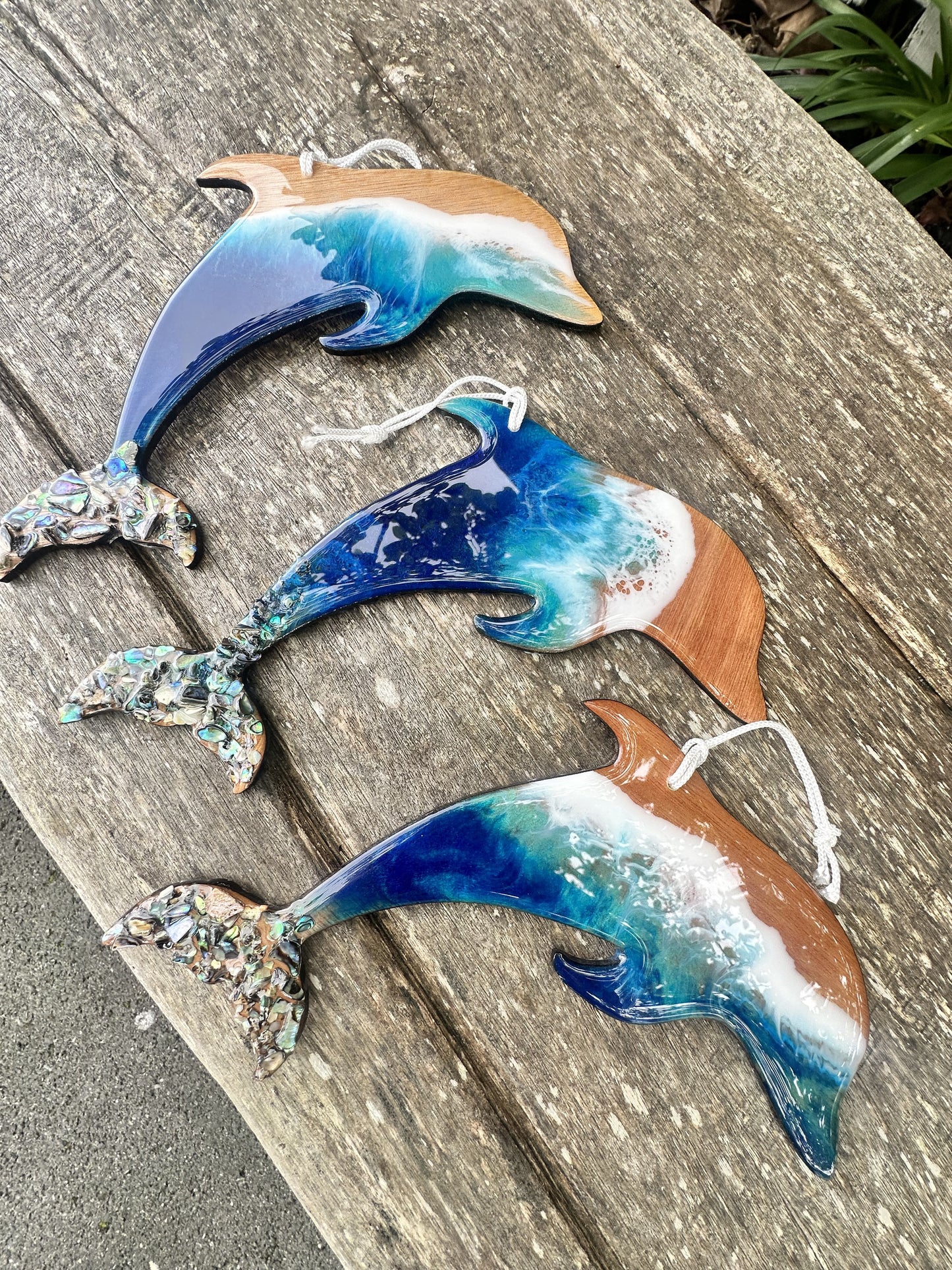 Rimu Resin Hanging Dolphin with Paua