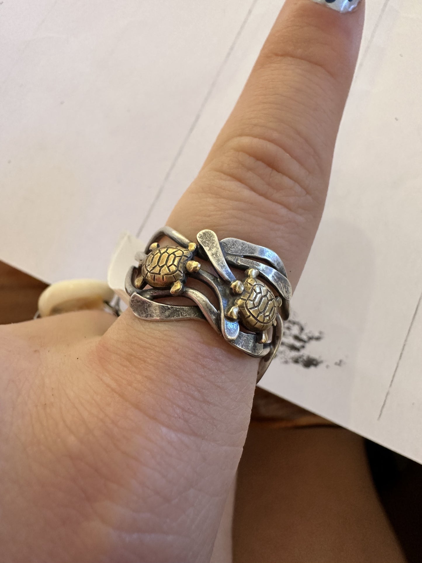 Ring Two Brass Turtles on Silver Kelp