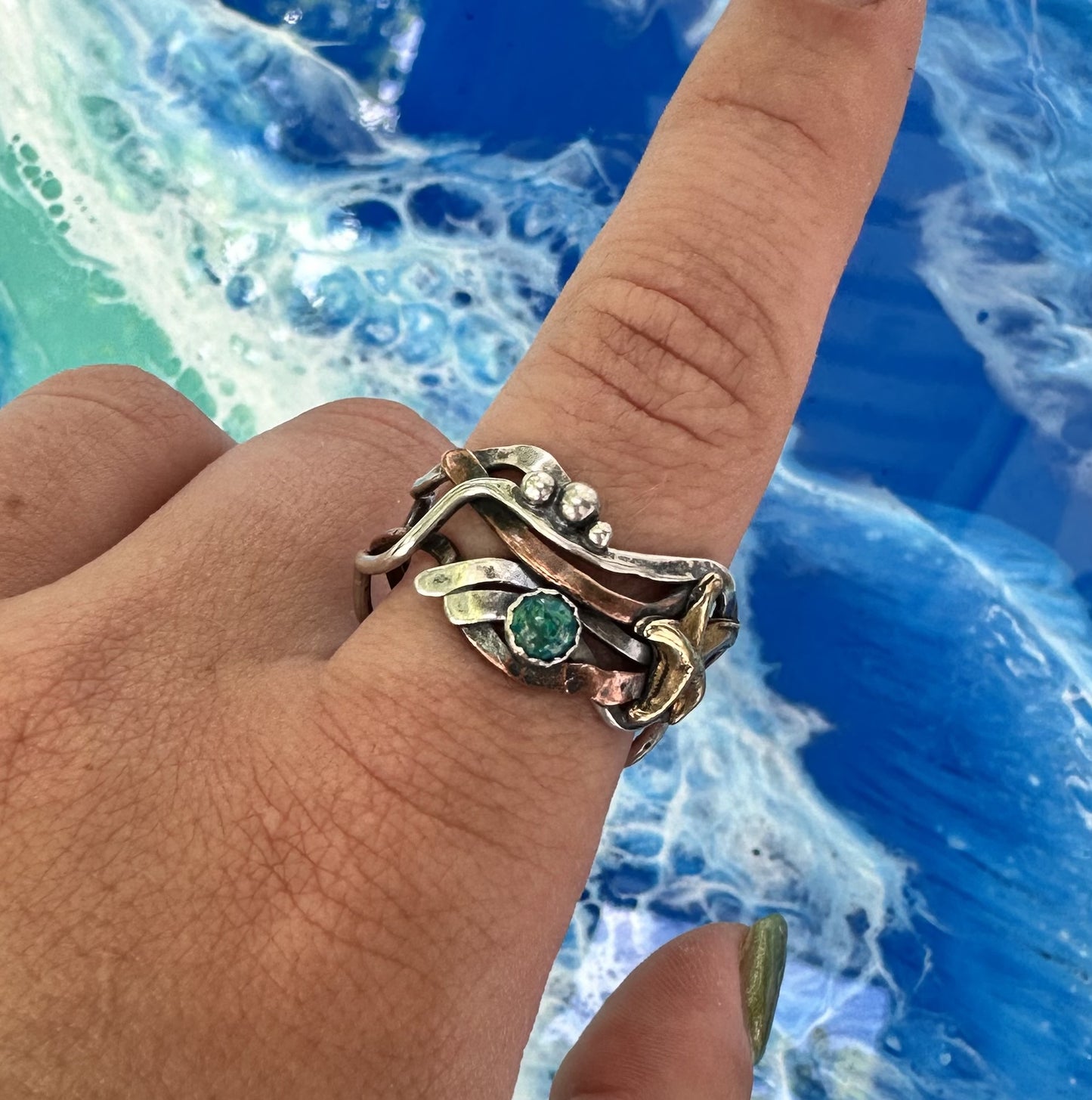 Brass Starfish, 3 Pod and Stone Ring - 5642