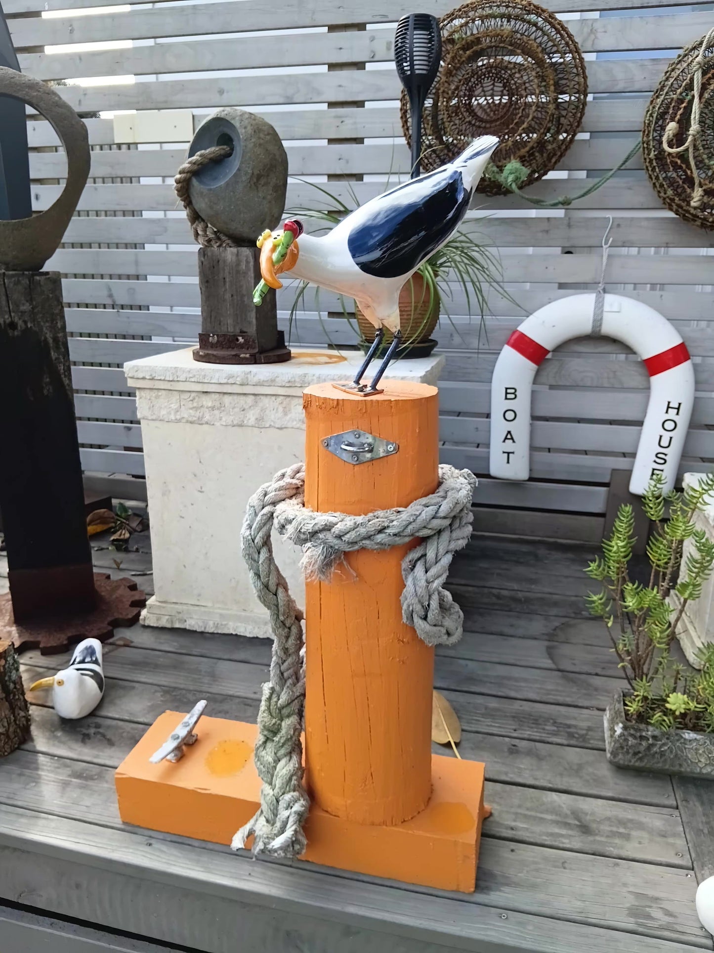 Seagull Chip in mouth on Plinth & fishing rope