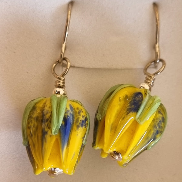 Yellow and Blue flower Drop Earrings
