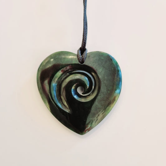 Greenstone pendant Heart with Koru/Fern inside